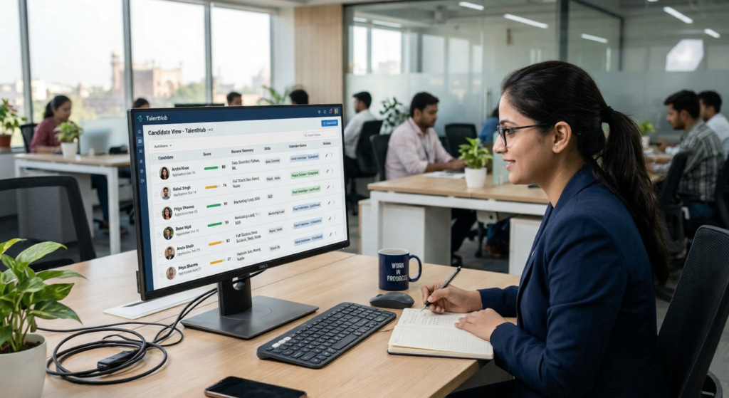 Mockup of recruiter ATS dashboard showing candidate profile and score 