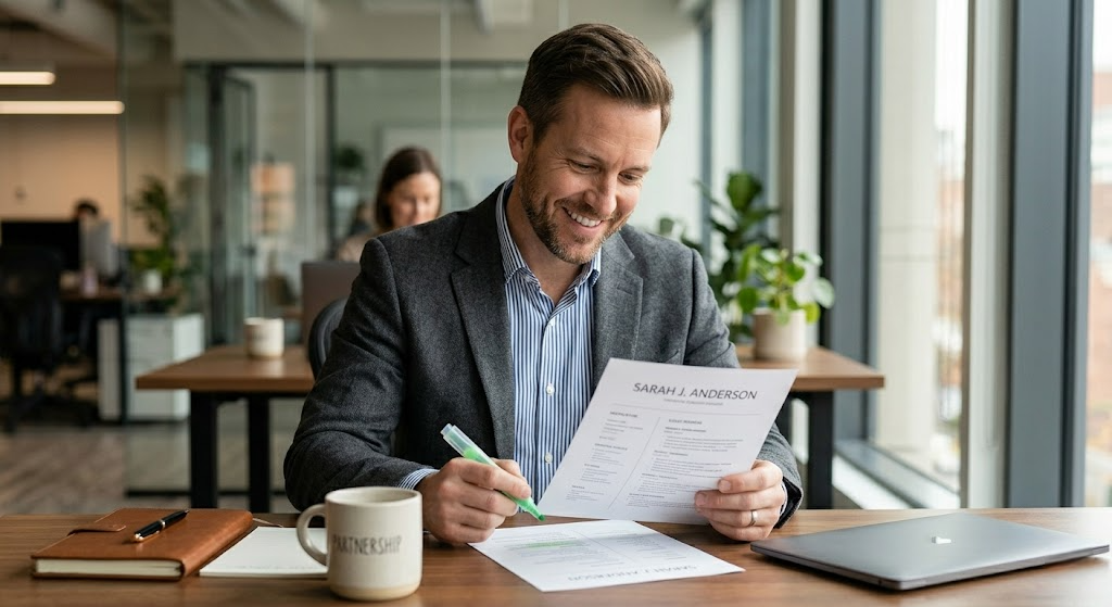 Recruiter approving and highlighting an ATS-compatible clean resume template in an office setting