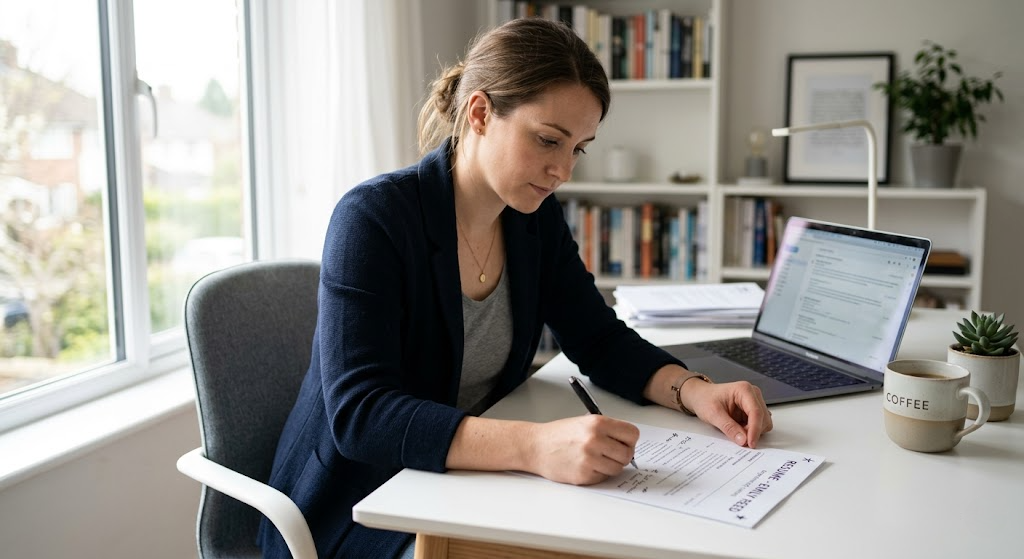 What Does ATS Optimized Mean Professional woman reviewing and annotating an ATS-optimized resume at a home office desk