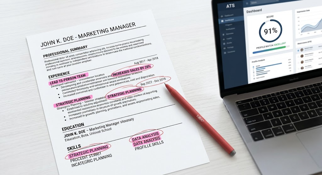 Printed resume with ATS keywords highlighted in key sections including skills and professional summary.