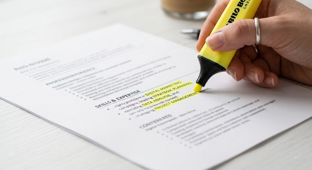 Close-up of ATS resume sample with keywords highlighted in yellow on printed document