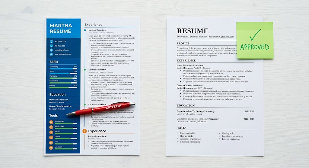 Side-by-side comparison of a normal designed resume and an ATS-optimized resume on a desk