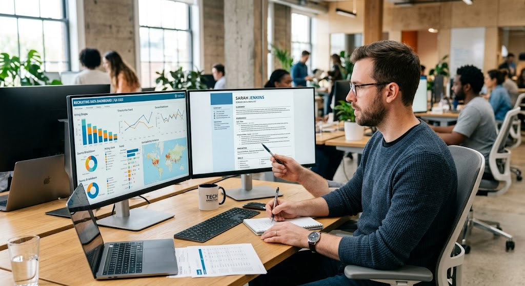ATS resume keywords data analyst   Data analyst reviewing ATS resume keywords alongside a Tableau data dashboard in a modern office