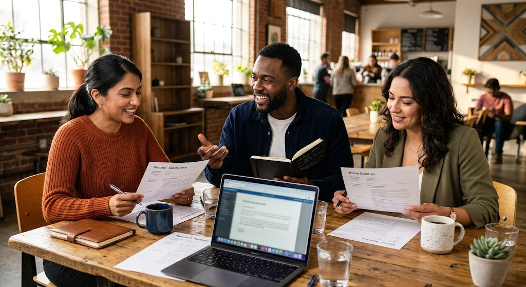 ATS resume sample Three diverse professionals collaborating on reviewing ATS resume samples at a co-working table