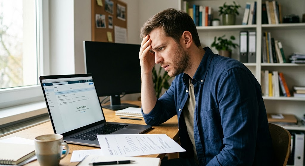 Resume Grammar Mistakes That Instantly Get You Rejected Frustrated job seeker checking inbox for interview responses with no callbacks due to resume grammar errors
