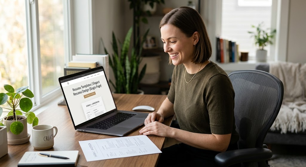 free ATS resume templates   Professional woman downloading a free ATS resume template in Word format on a laptop