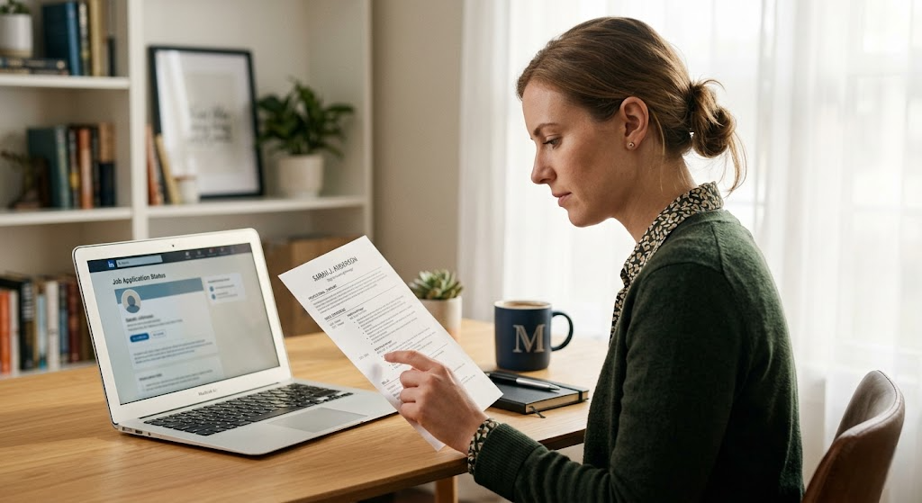 Professional woman reviewing an ATS resume sample at a home office desk in 2026