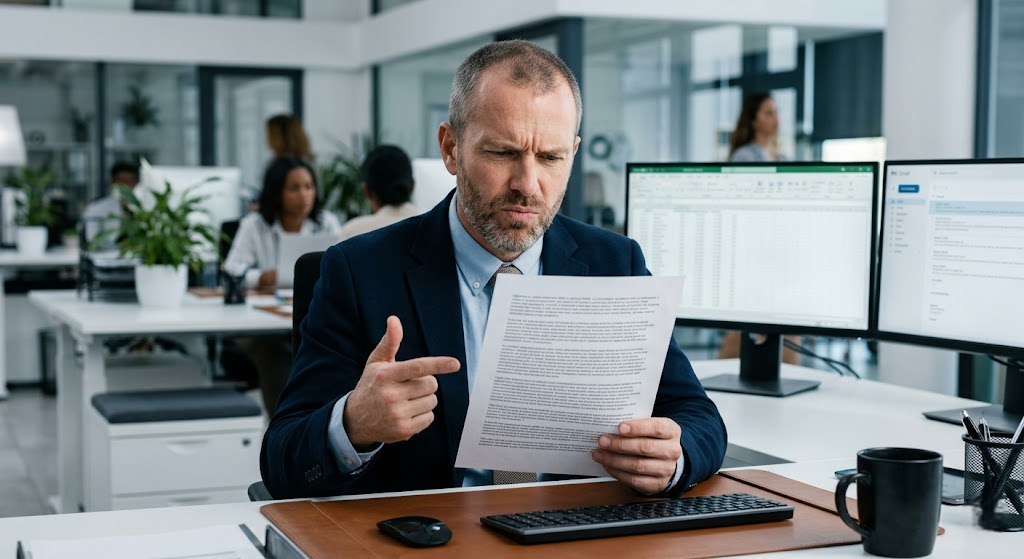resume word salad Recruiter looking confused at a resume filled with word salad and excessive buzzwords