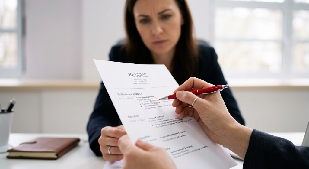 resume grammar mistakes that instantly get you rejected   Recruiter using red pen to circle a grammar mistake on a printed resume