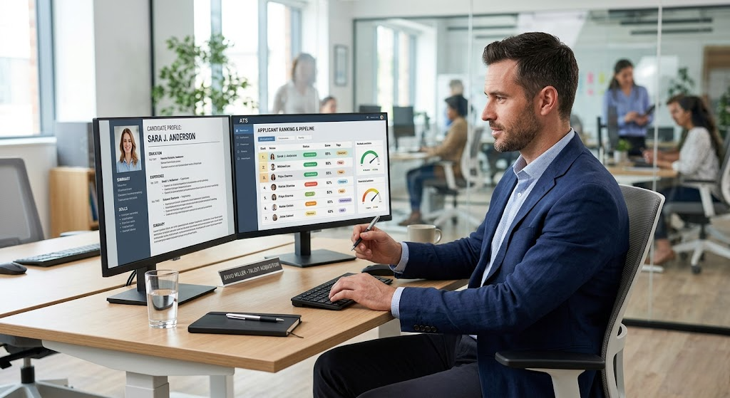 Corporate recruiter reviewing ATS resume samples on dual monitor workstation showing ranked candidates