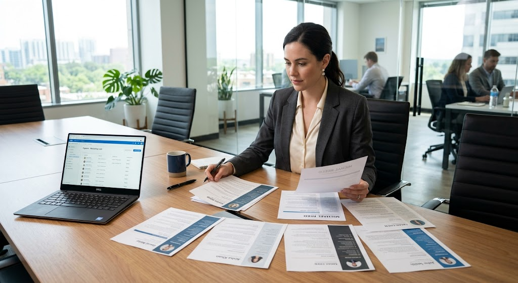 HR recruiter reviewing resumes that passed ATS screening in a modern office conference room.