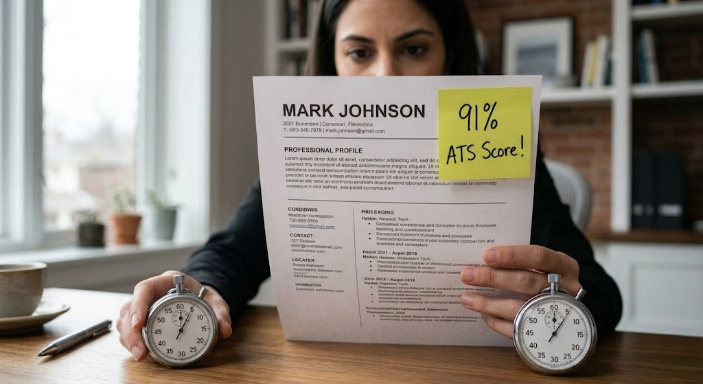 why ats score high no interviews Recruiter scanning a resume in the critical 7-second evaluation window used in Stage 2 screening
