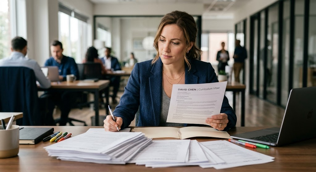 why my resume is not getting interviews Recruiter reviewing and evaluating resumes in a corporate office setting