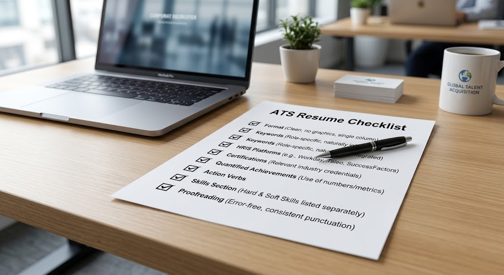 ATS resume optimisation checklist for HR jobs covering format, HR keywords, content quality, and application tailoring