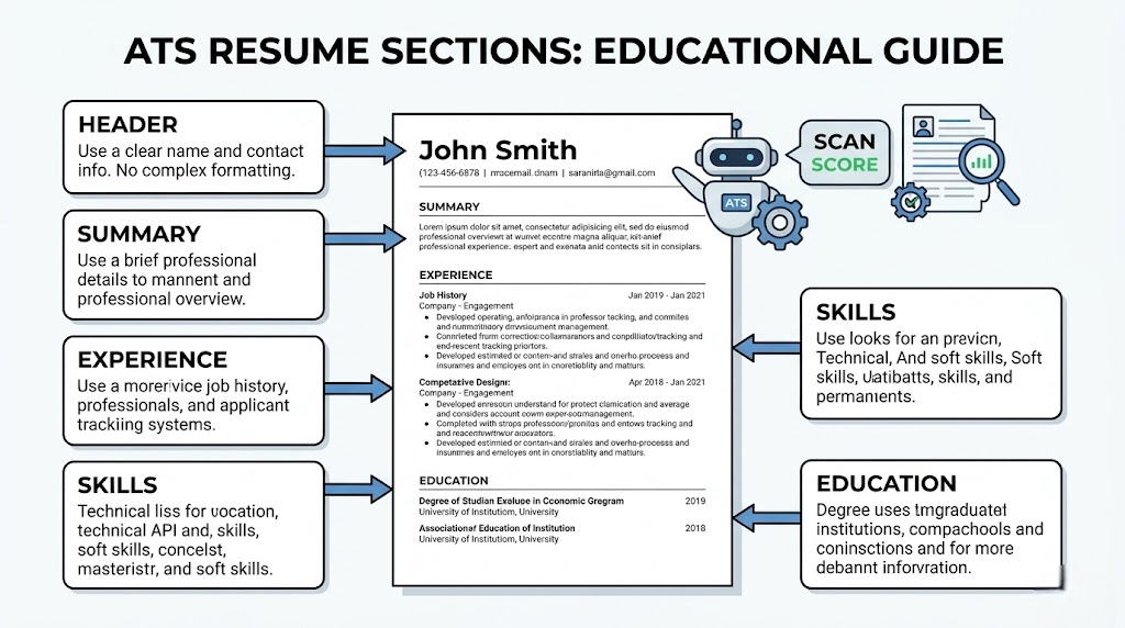 ATS resume template free Word Google Docs ATS resume sections guide showing header summary experience skills and education layout