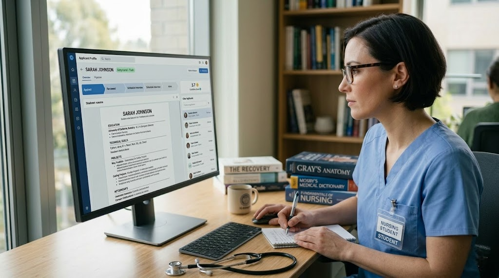 Close-up realistic photo of a laptop screen showing a nursing resume skills section with keywords like patient care, clinical rotations, electronic health records, BLS certification, beside medical tools like a stethoscope and hospital badge, modern hospital office desk, natural light, ultra realistic photography style