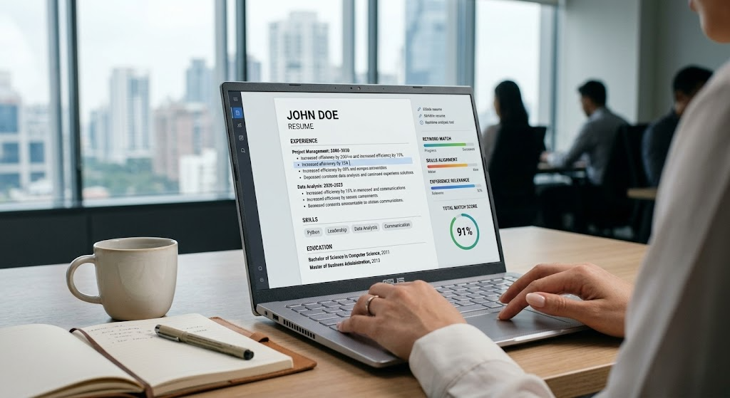 Best ATS Resume Checker Person editing an ATS friendly resume on laptop to improve resume score