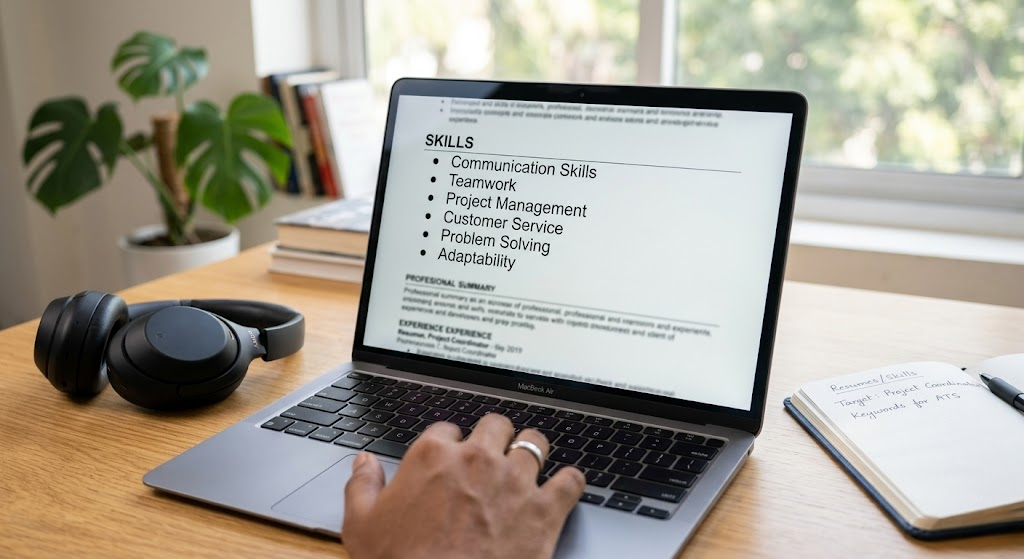 ATS friendly resume for entry level jobs Close-up realistic photo of a laptop screen showing a resume skills section with keywords like communication skills, teamwork, project management, customer service and problem solving, modern workspace with headphones and notebook, natural lighting, ultra realistic photography