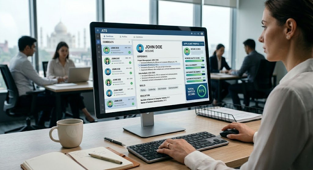 Job seeker writing ATS optimized resume on laptop at home office desk