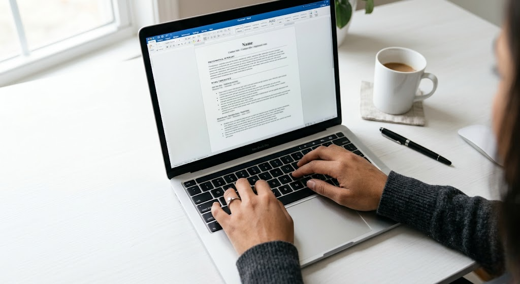 ATS resume template free Person using a free ATS resume template in Microsoft Word on a laptop at a clean desk