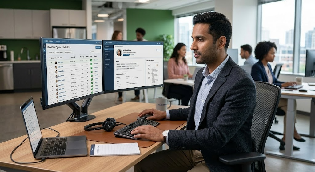 ATS resume tips 2026 Corporate recruiter using ATS software to review ranked candidates on dual monitors in 2026