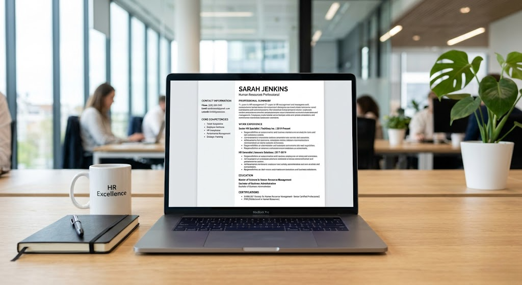 ATS resume for HR jobs showing correct single-column format with categorised skills section and quantified experience bullets