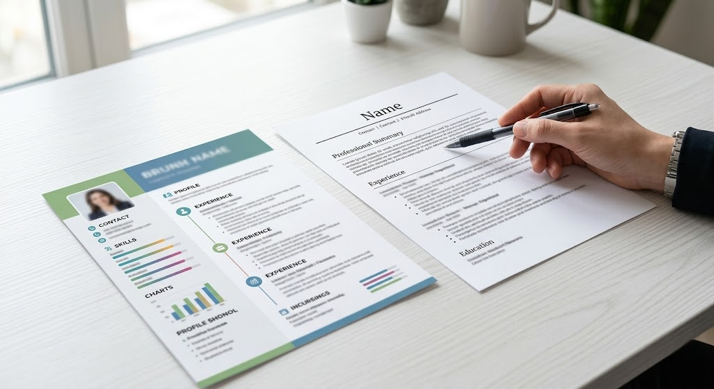 Side-by-side comparison of Canva resume template versus clean ATS resume template showing why single-column wins