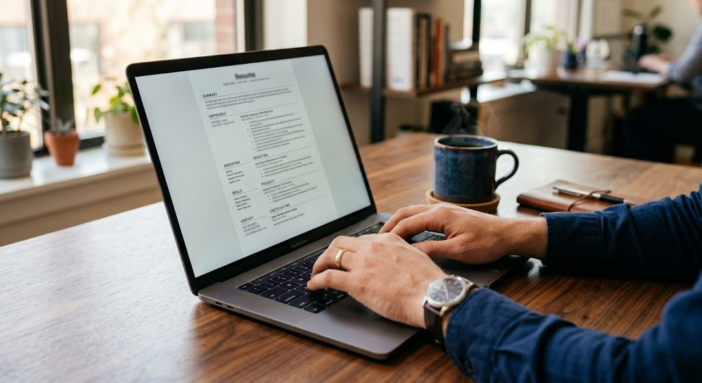 Professional typing ATS resume keywords into a Word document on a laptop