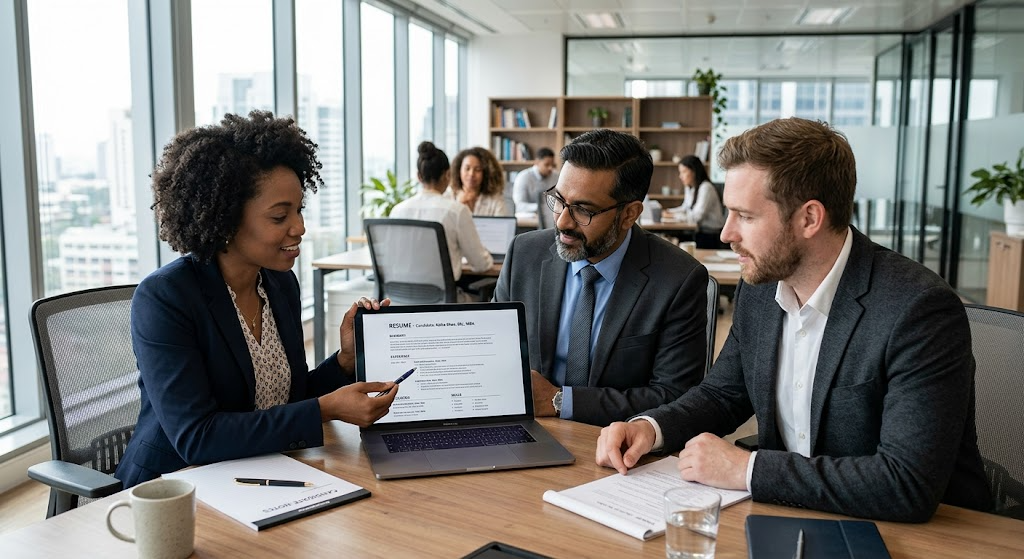 Hiring team reviewing ATS resume keywords and candidate applications on a laptop in a professional office