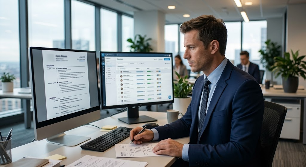 Corporate recruiter reviewing ATS resume template results on dual monitors in a professional office