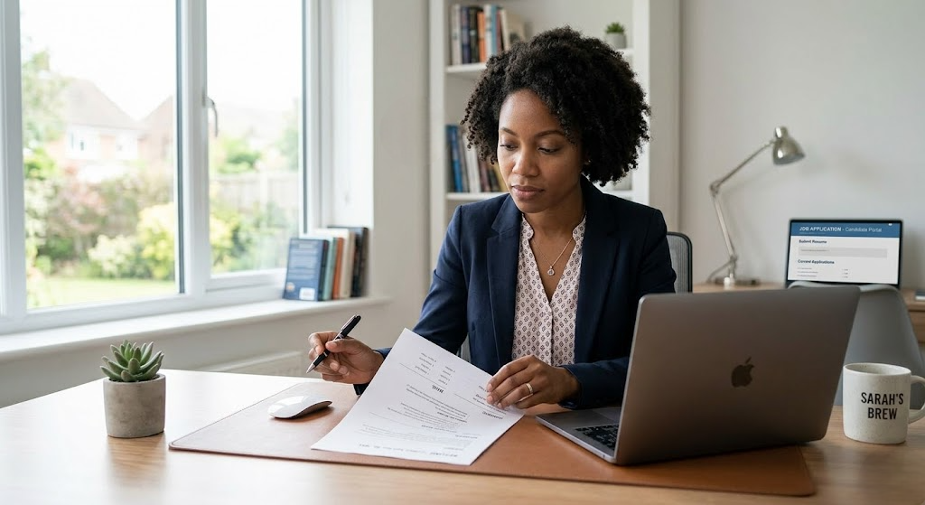 ATS resume tips 2026 Professional woman reviewing her ATS-optimized resume at a home office desk in 2026