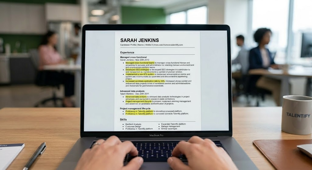 ATS resume tips 2026 Close-up of a laptop screen showing ATS resume keyword optimization with highlighted phrases