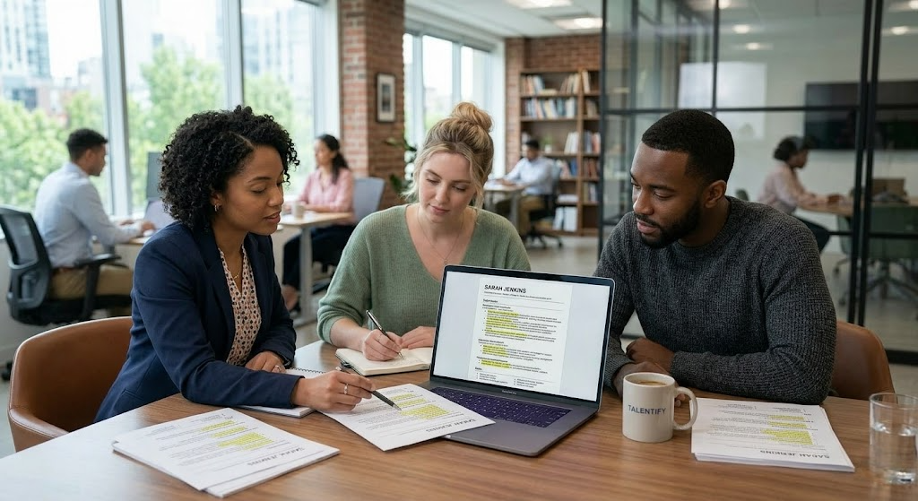 ATS resume tips 2026 Three diverse job seekers collaborating on ATS resume optimization in a co-working space