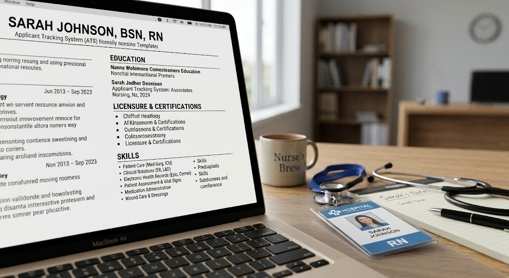Top-down realistic photo of a laptop displaying an ATS friendly nursing resume template on the screen, beside a stethoscope, nursing notebook, coffee mug and pen on a wooden desk, clean and minimal workspace, natural lighting, professional healthcare environment, ultra realistic photo style, high resolution, shallow depth of field