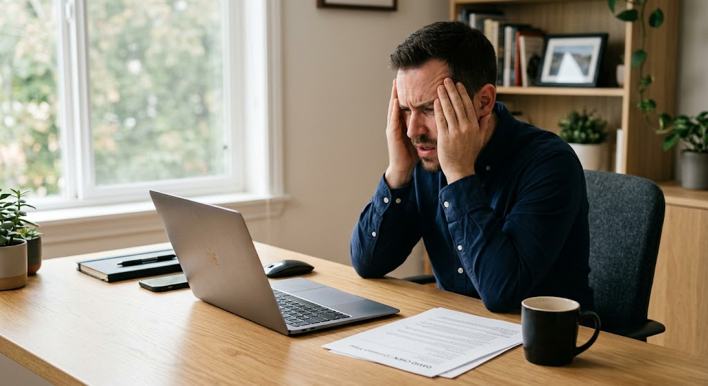 why my resume is not getting Frustrated job seeker reviewing resume at home office desk with no interview responses