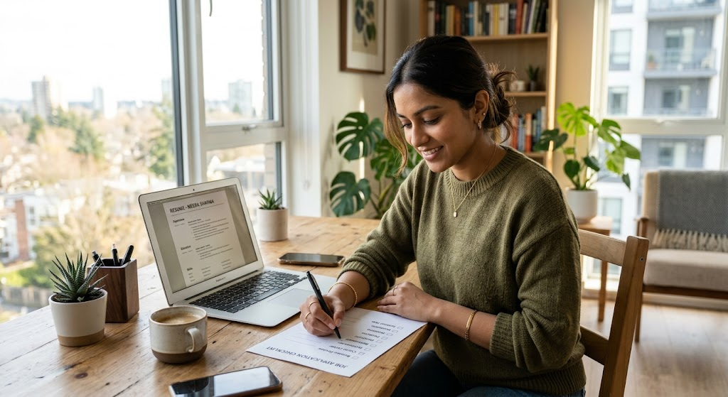 ats resume checklist Job seeker reviewing an ATS resume checklist beside a laptop displaying a resume document.