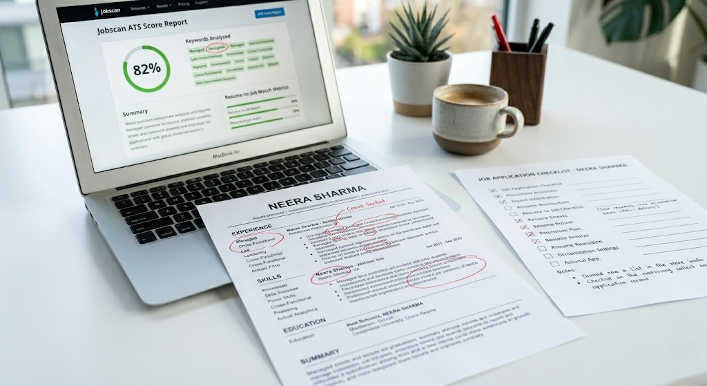 ats resume checklist Printed resume with key ATS sections marked and an ATS resume checklist on a desk.