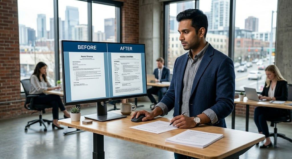 ats resume checklist Professional comparing a before and after ATS-optimized resume using a checklist strategy.